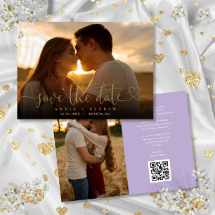 Save The Date Gold Heart Script Photo Mariage QR Code Lavender