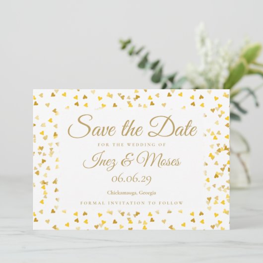 Save The Date Gold Hearts Confetti Enregistrer la date (Debout devant)