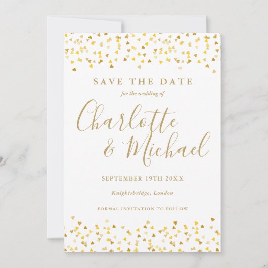 Save The Date Gold Hearts Confetti Script Mariage photo (Devant)