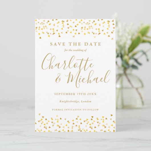 Save The Date Gold Hearts Confetti Script Mariage photo (Debout devant)