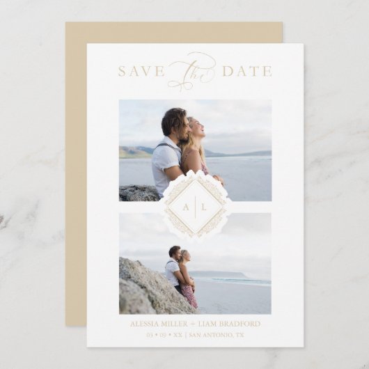 Save The Date Gold Initials Chic Ornament Sophisticated Wedding (Devant / Derrière)