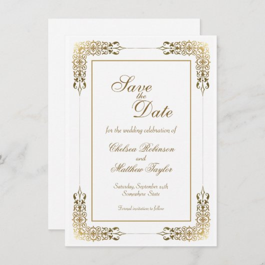 Save The Date Gold Lace Bordure Mariage Enregistrer la date (Devant / Derrière)