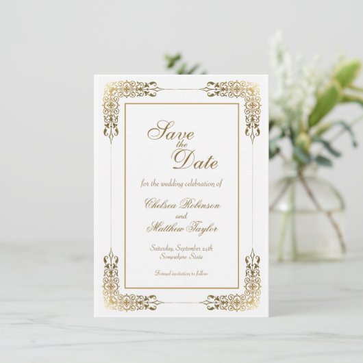 Save The Date Gold Lace Bordure Mariage Enregistrer la date (Debout devant)