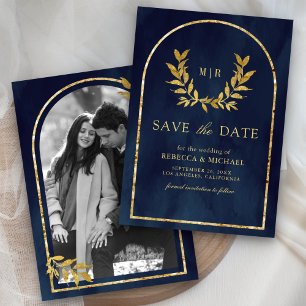Save The Date Gold Laurel Wreath Feuille Marine Blue Mariage