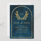 Save The Date Gold Laurel Wreath Feuille Océan Bleu Mariage (Devant)