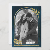 Save The Date Gold Laurel Wreath Feuille Océan Bleu Mariage (Dos)