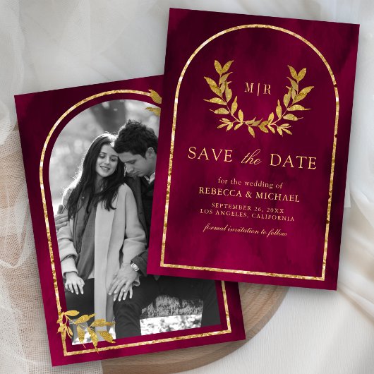 Save The Date Gold Laurel Wreath Feuilles Fuchsia Magenta Mariag