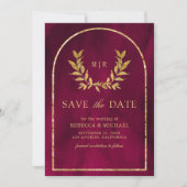 Save The Date Gold Laurel Wreath Feuilles Fuchsia Magenta Mariag (Devant)