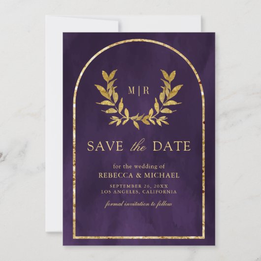 Save The Date Gold Laurel Wreath Feuilles Royal Purple Mariage (Devant)