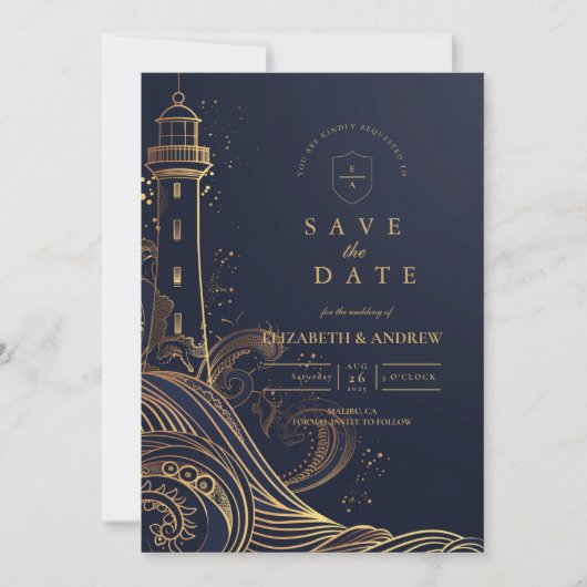 Save The Date Gold Lighthouse Night Wedding (Devant)