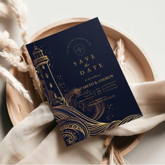 Save The Date Gold Lighthouse Night Wedding