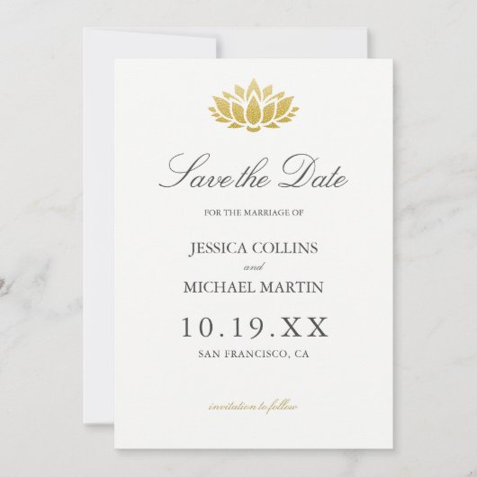 Save The Date Gold Lotus Flower Custom Wedding Enregistrer la da (Devant)