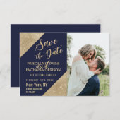 Save The Date Gold Navy Blue Faux Parties scintillant Sequin Enr (Devant / Derrière)