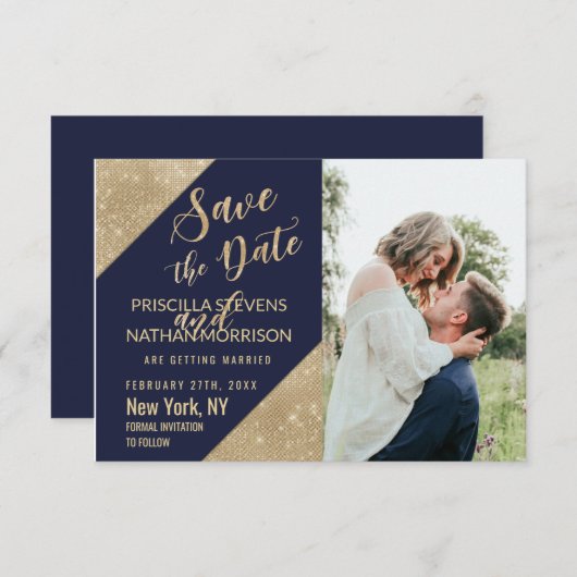 Save The Date Gold Navy Blue Faux Parties scintillant Sequin Enr (Devant / Derrière)