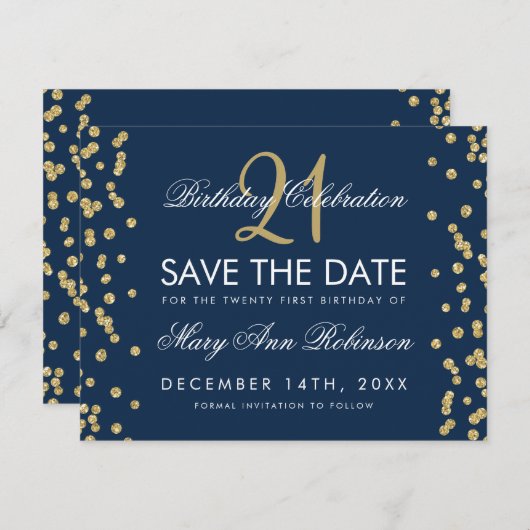 Save The Date Gold Navy Sauvez la date 21e anniversaire Confetti (Devant / Derrière)