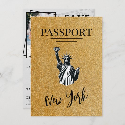 Save The Date Gold New York City Passport Enregistrer La Date (Devant / Derrière)