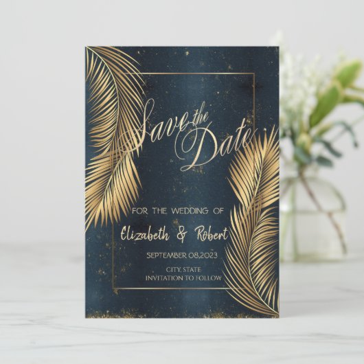 Save The Date Gold Palm Feuille Beach Mariage Enregistrer La Dat (Debout devant)