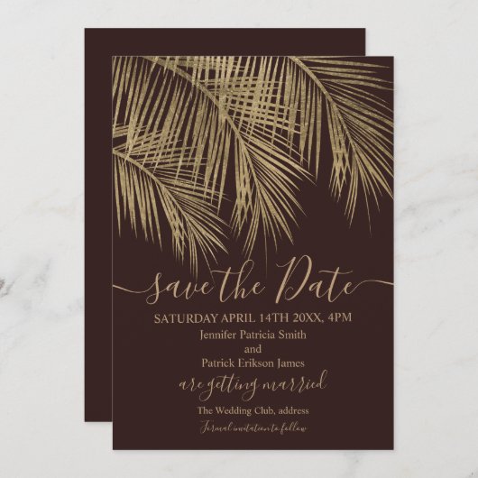Save The Date Gold palm feuille tropicale rouge enregistrer la d (Devant / Derrière)
