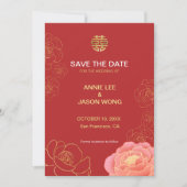 Save The Date Gold Peony Mariage chinois enregistrer la date (Devant)