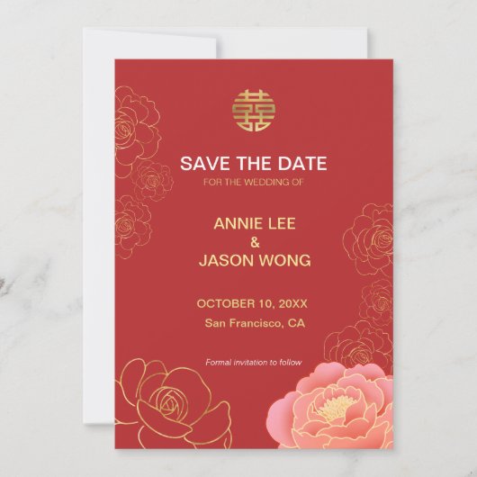 Save The Date Gold Peony Mariage chinois enregistrer la date (Devant)