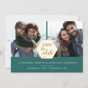 Save The Date Gold Polygon 2 Photos Dark Turquoise Enregistrer l