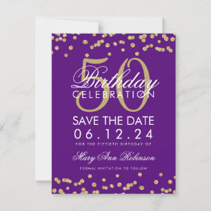 Save The Date Gold Purple 50th Birthday Save Date Confetti