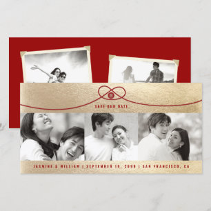 Save The Date Gold & Red Knot Double Happy 3 Photo Chinois