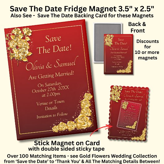 Save The Date, Gold Roses Maroon 5" x 2.5" Fridge Magneet
