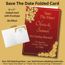 Save The Date - Gold Roses on Maroon Red
