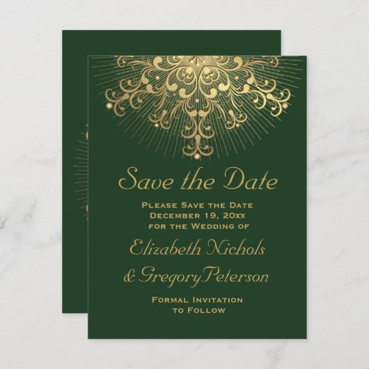 Save The Date Gold snowflake mariage hiver vert Enregistrer la d (Devant / Derrière)