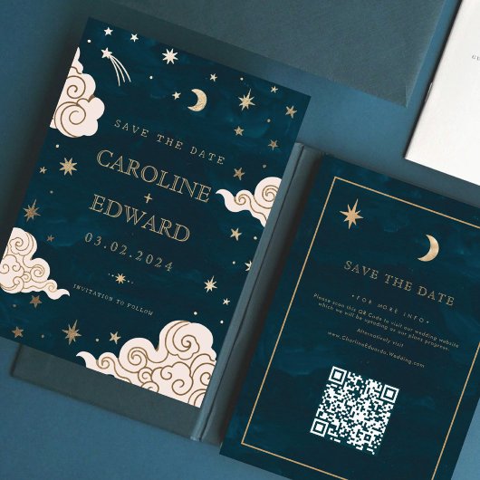 Save The Date Gold Stars Lune Céleste Qr Code Enregistrer la dat