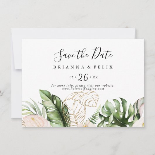 Save The Date Gold Tropical Foliage Floral Horizontal Mariage (Devant)
