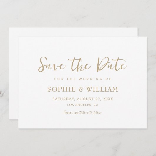 Save The Date Gold & White Beau Mariage élégant (Devant / Derrière)