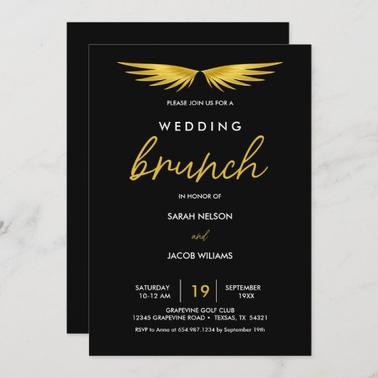 Save The Date Gold Wings, Black Post Mariage Brunch (Devant / Derrière)