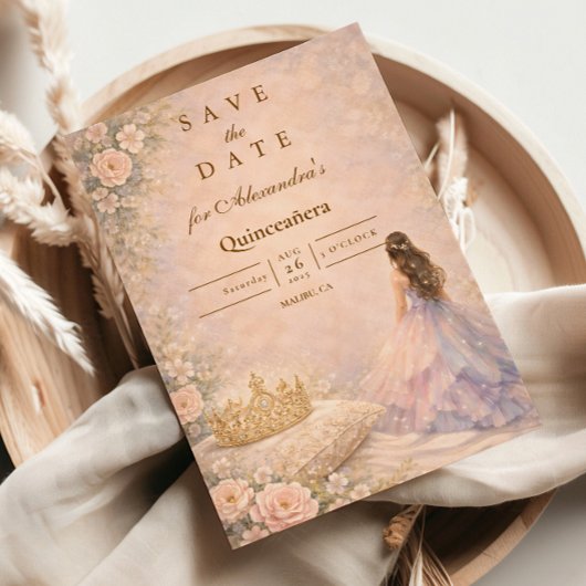 Save The Date Golden Crown Fairytale Quinceañera