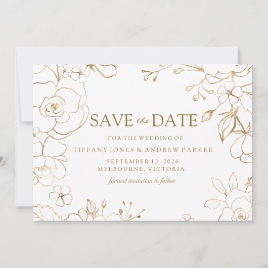 Save The Date Golden Floral Simple mariage élégant (Devant)