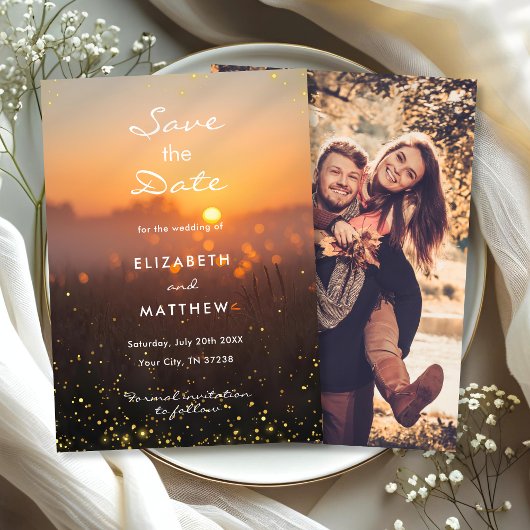 Save The Date Golden Orange Sunset Fireflies Country Wedding
