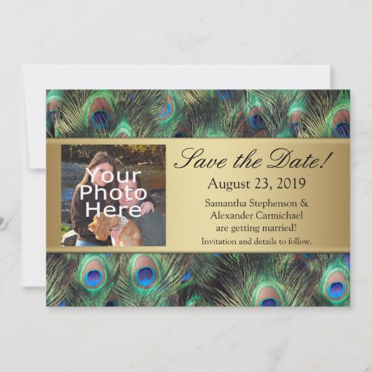 Save The Date Golden Peacock Feather Photo Enregistrer la date (Devant)