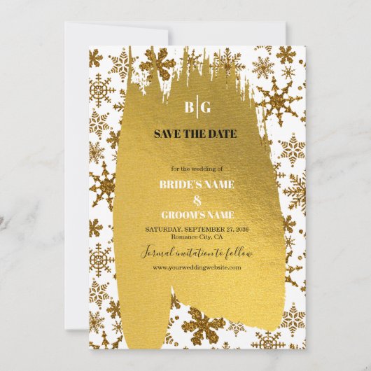Save The Date Golden Snowflakes Festive Mariage de Noël (Devant)
