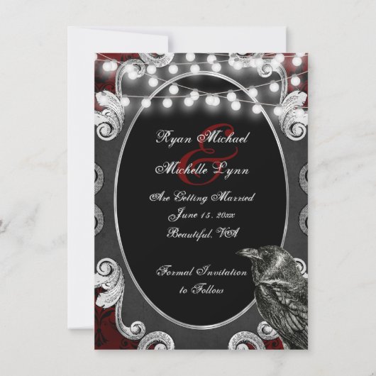 Save The Date Goth Frame, Crow et lumières sur le Mariage gothiq (Dos)