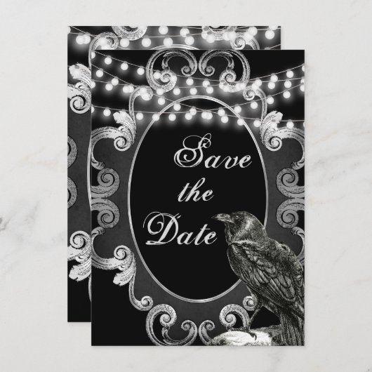 Save The Date Goth Ornate Frame, Crow et lumière Mariage gothiqu (Devant / Derrière)