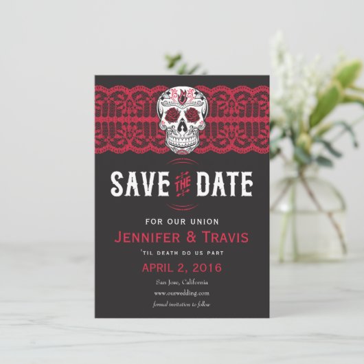 Save The Date Goth Skull Swirl & Lace Wedding Enregistrer les da (Debout devant)