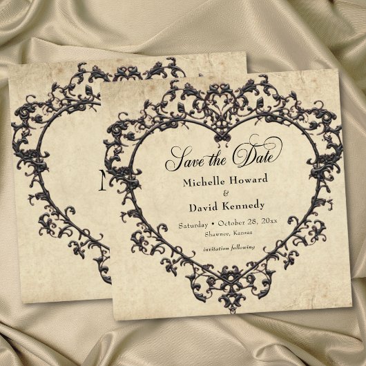 Save The Date Gothic Black Tan Parchment Filigree Heart Wedding