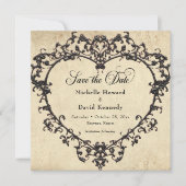 Save The Date Gothic Black Tan Parchment Filigree Heart Wedding (Devant)