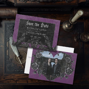 Save The Date Gothique Corbeaux Noirs & Roses Mariage Photo Viol