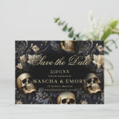 Save The Date Gothique Elégant Crânes Floraux Mariage Or (Debout devant)