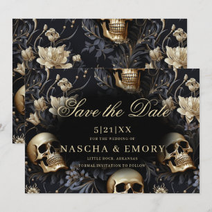 Save The Date Gothique Elégant Crânes Floraux Mariage Or
