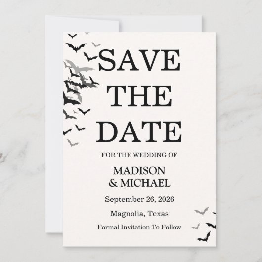 Save The Date Gothique Halloween Mariage de chauve-souris noire (Devant)