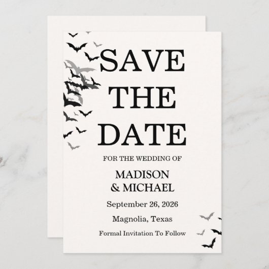 Save The Date Gothique Halloween Mariage de chauve-souris noire (Devant / Derrière)