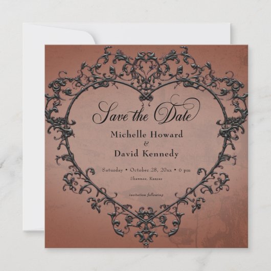 Save The Date Gothique Noir & Rust Filigree Mariage de coeur (Devant)